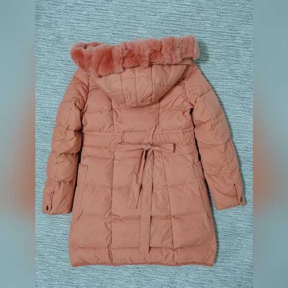 Coral puffer jacket with rabbit hair collar - Picture 2 of 6